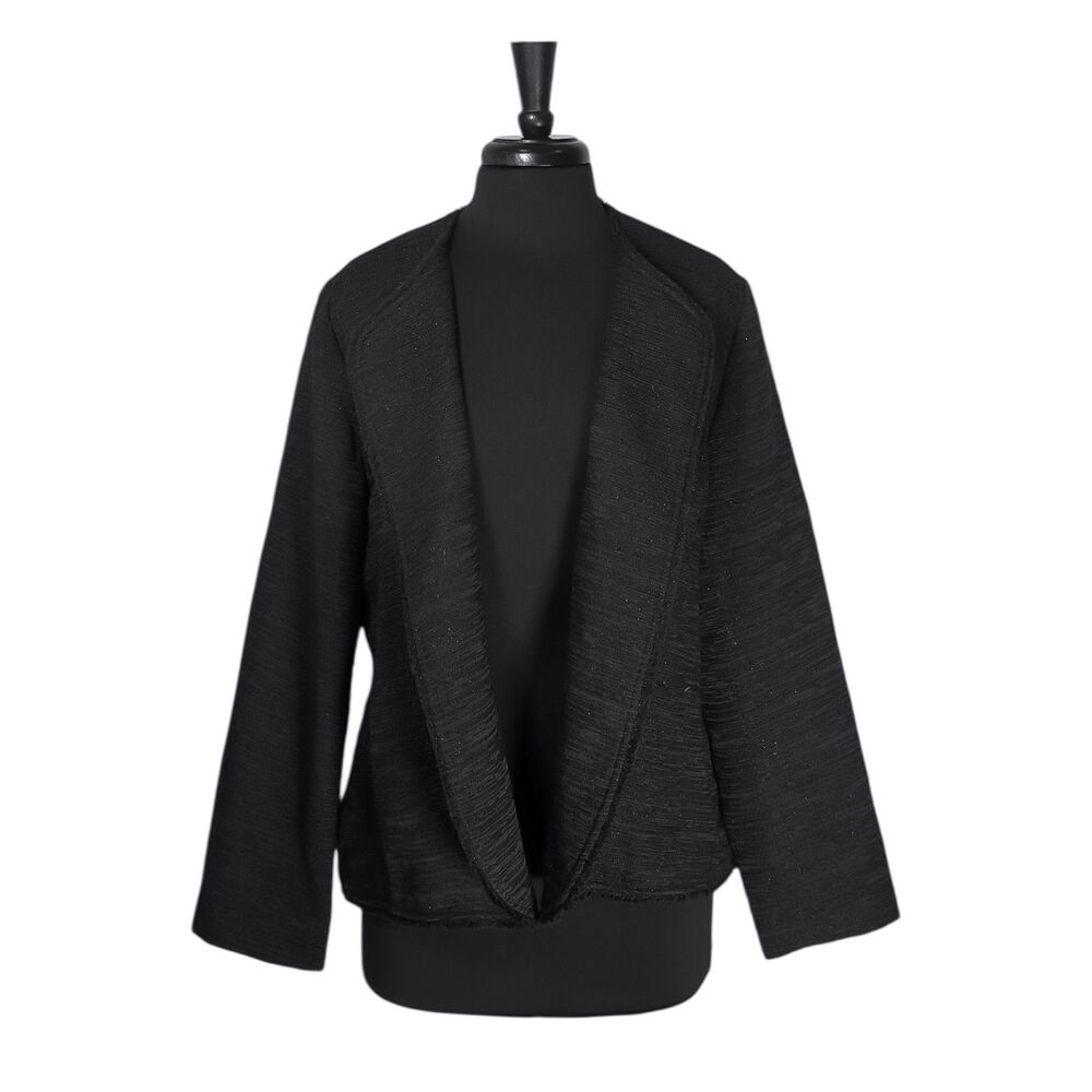Eileen Fisher Women’s Jacket Large Black Fringe Textured Stretch Knit Silk Lined